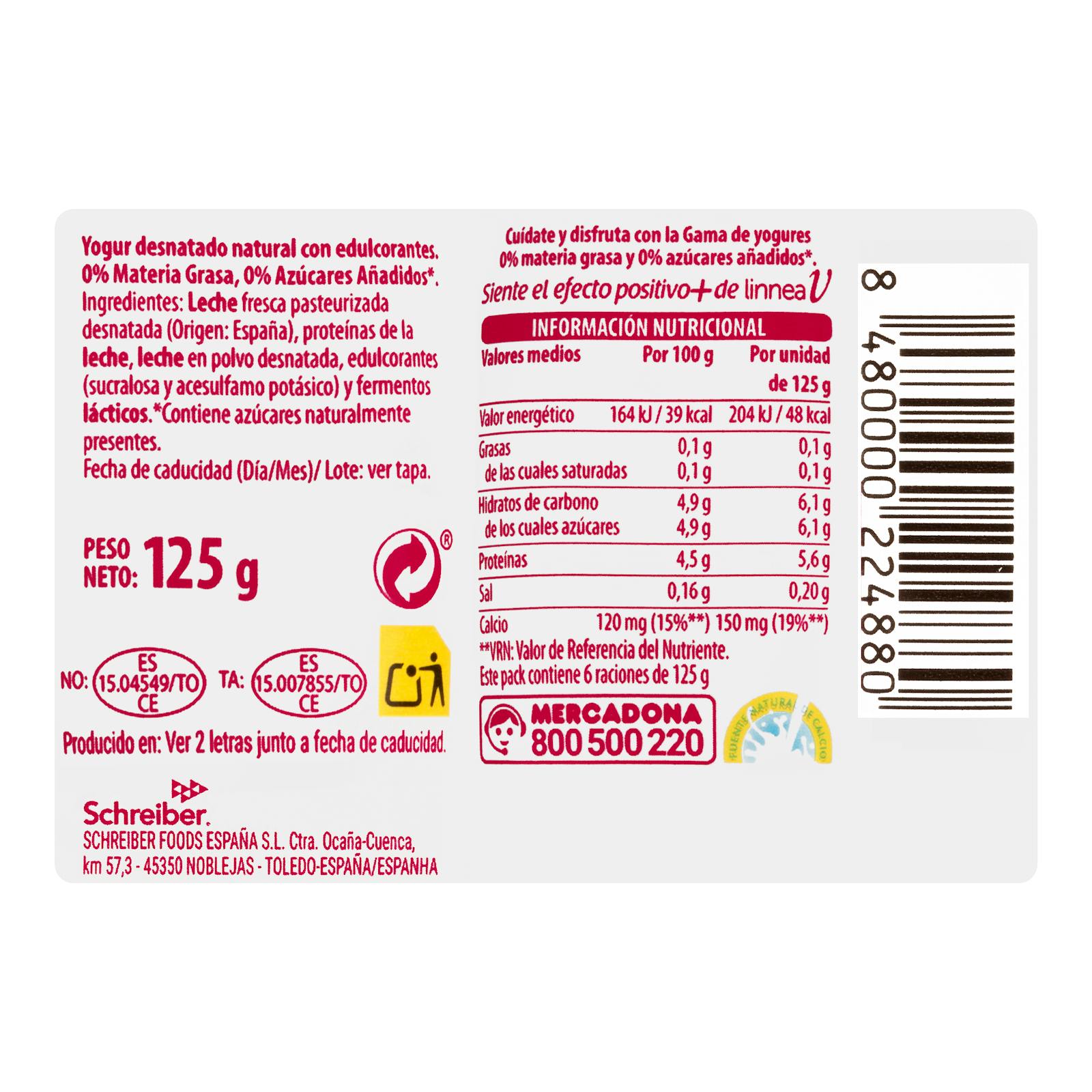 Yaourt nature sucré 0% mg Hacendado sans sucres ajoutés