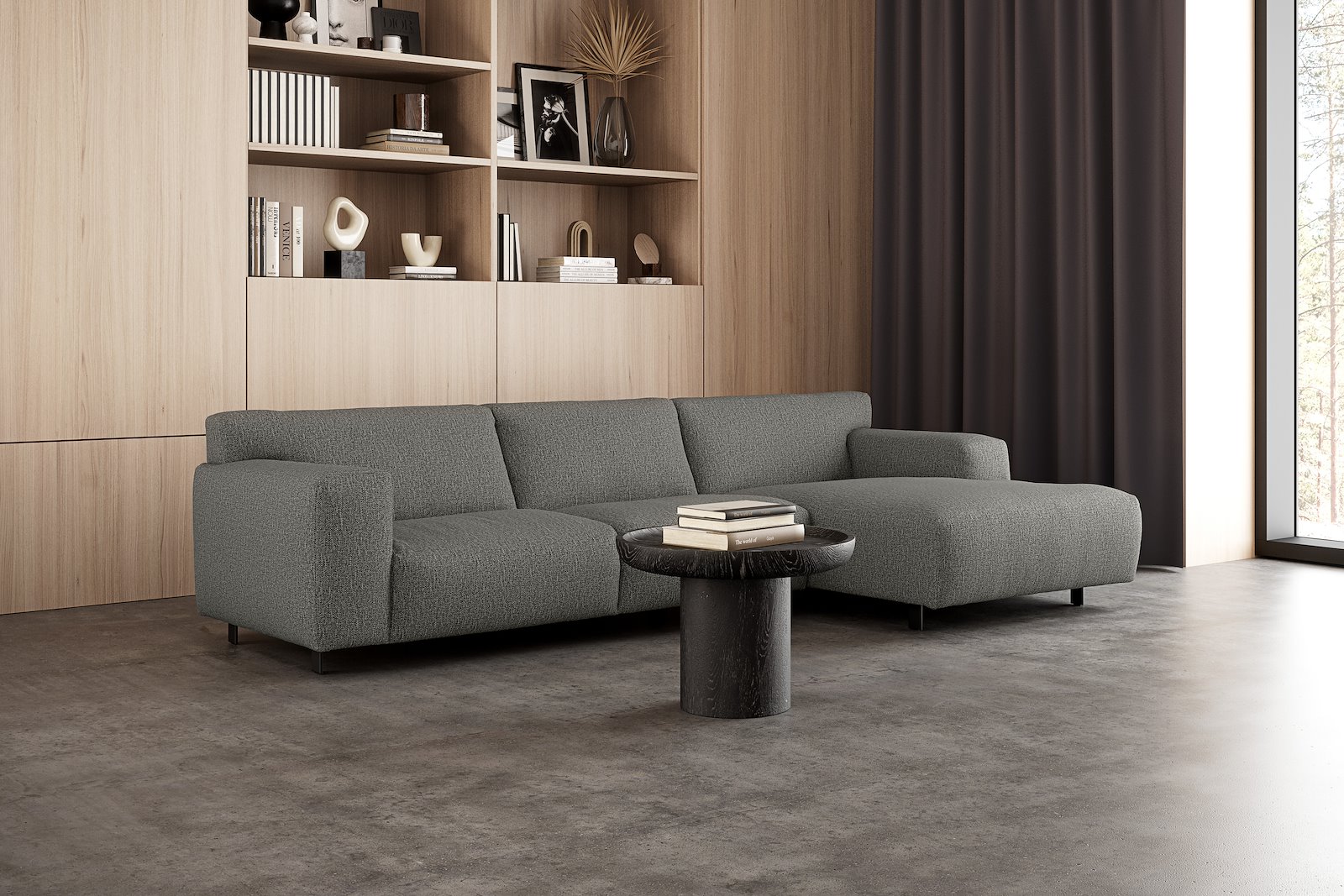 Vesta 2,5-seter med sjeselong høyre I Tekstil Marsel Dark grey, standardsøm, sort metallben 10 cm, Comfort CM