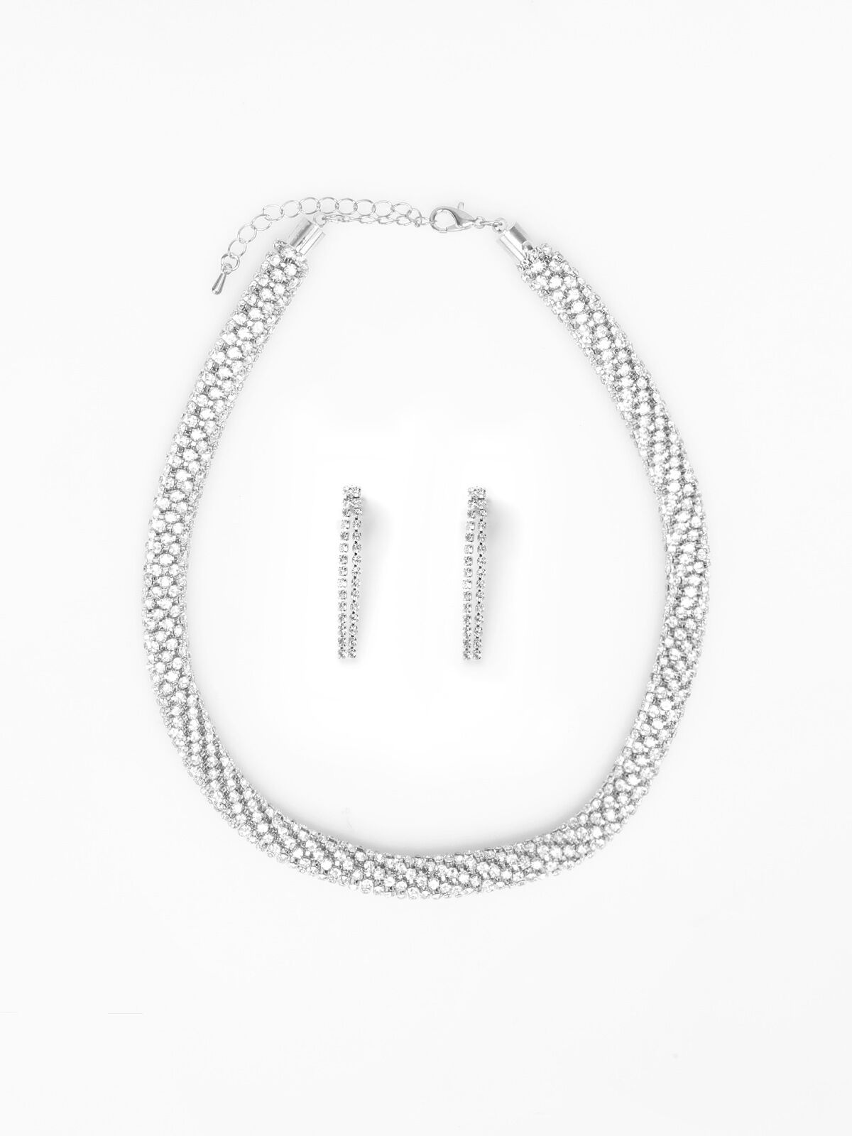 Parure collier tubulaire et boucles en strass- Argenté