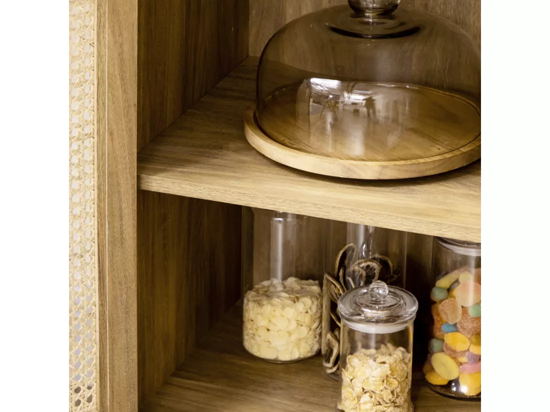 Buffet style bohème - 1 porte, étagère, 2 niches - piètement bois panneaux aspect bois manguier rotin