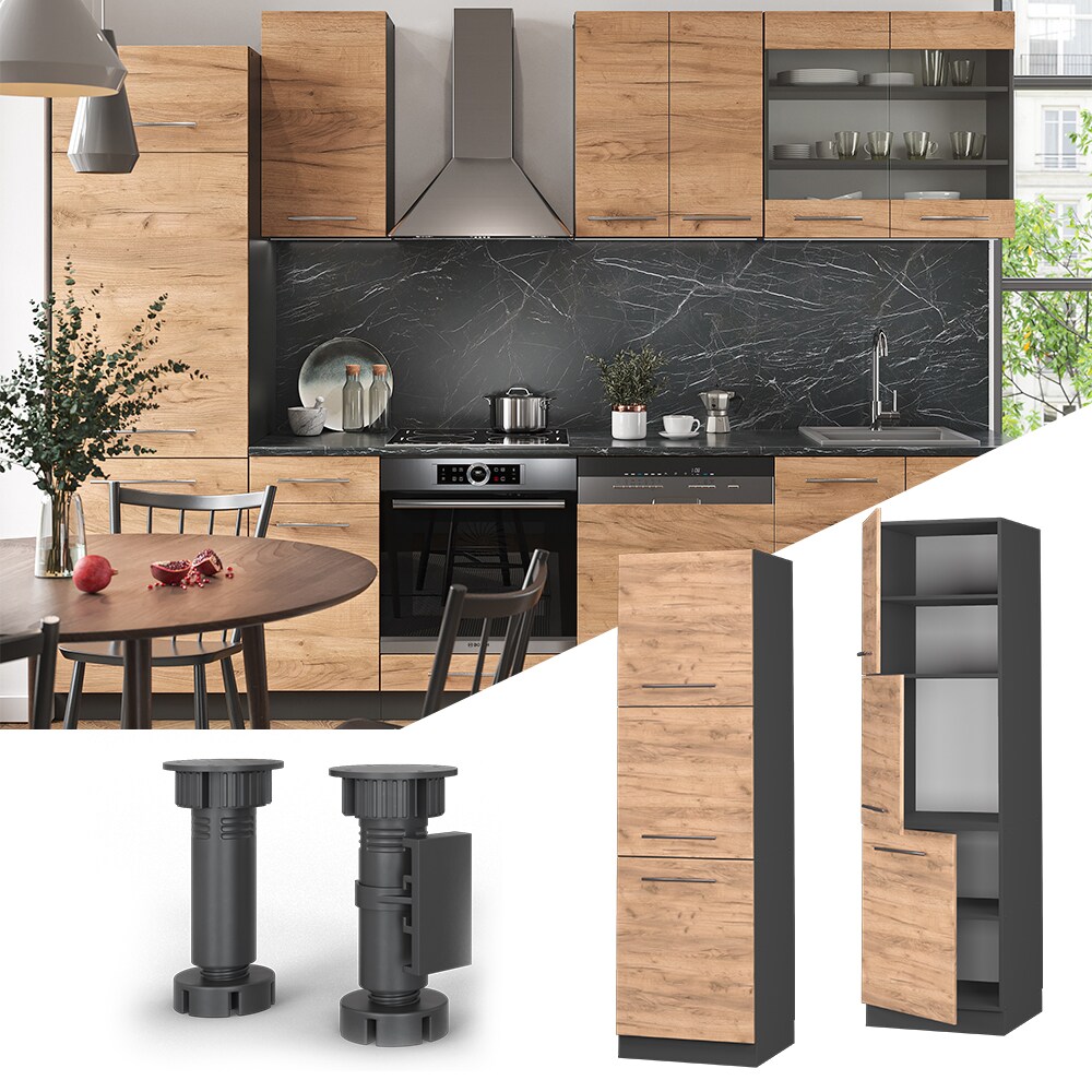 Vicco Herdumbauschrank Küchenschrank Küchenmöbel Fame-Line Anthrazit Eiche Goldkraft60 cm modern Küche Einbauküche Blende Herdschrank Hochschrank Küchenzeile Drehtür Einlegeboden
