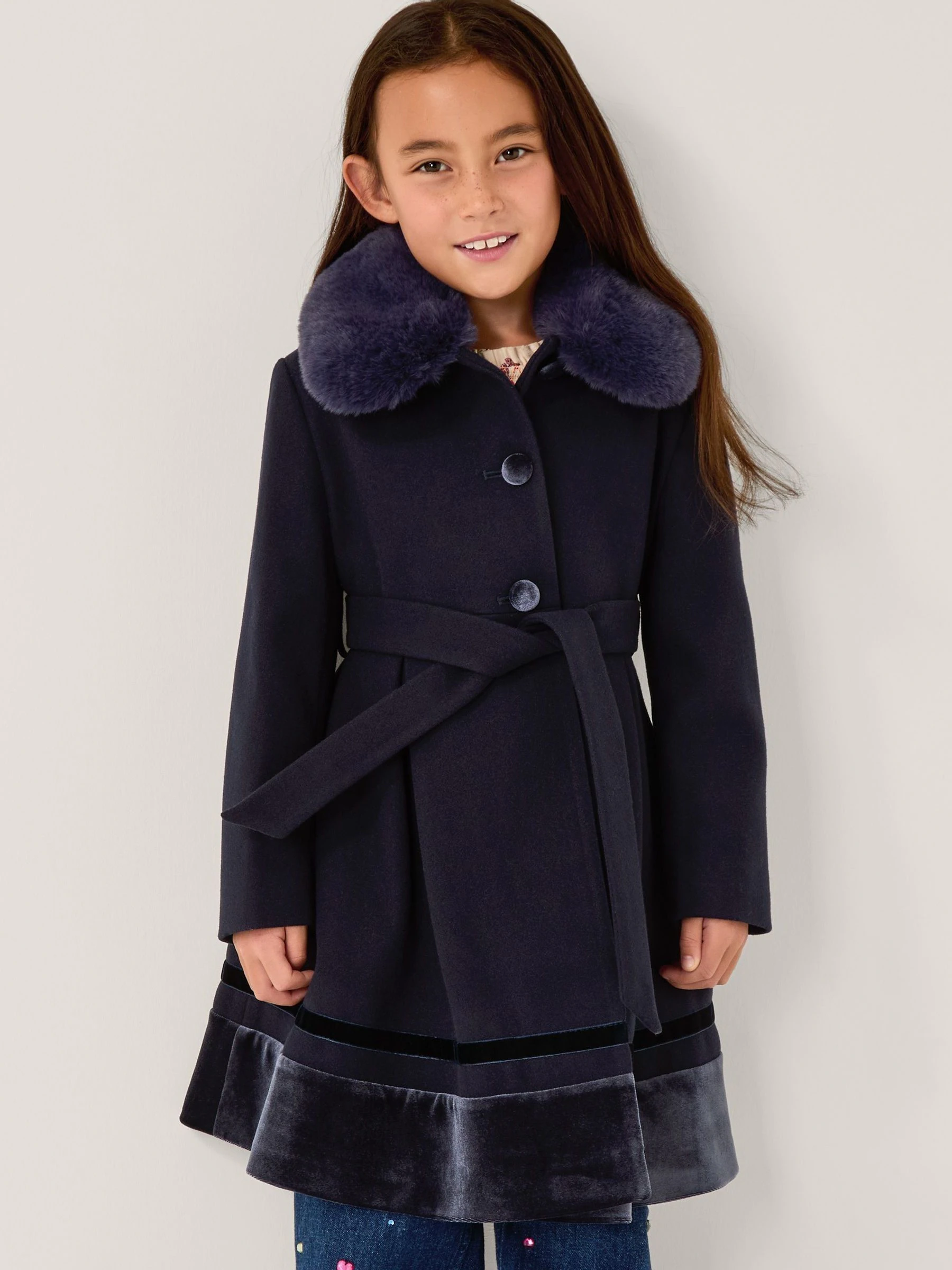 Blauw - Monsoon Fluwelen Jurkjas met Imitatiebontrand