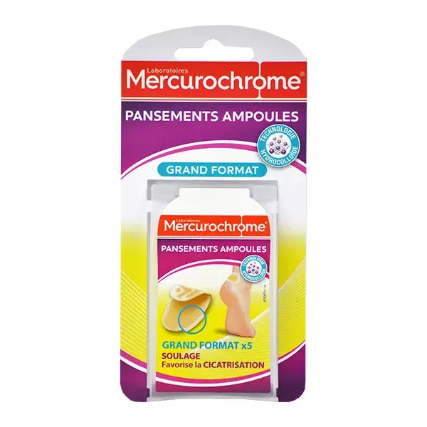 Curativos para bolhas com mercurocromo, tamanho grande, pacote com 5 unidades.