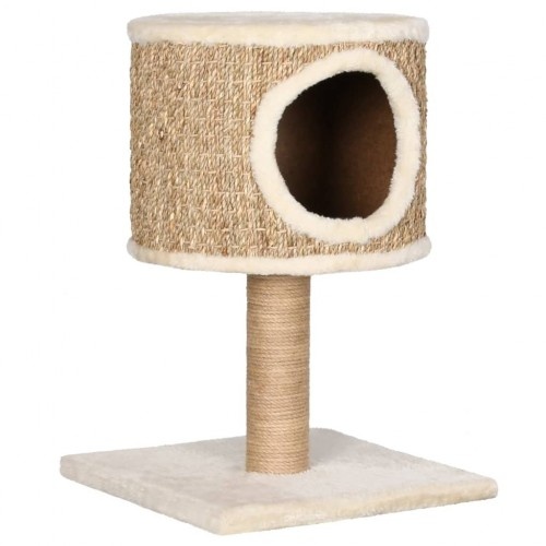 Toca elevada para gatos com poste para arranhar, bege