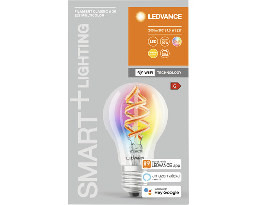 Ledvance Smart+ Filament Classic LED-lamp, dimbaar, A60 E27/4,5W (30W), helder, 300 lm, 2700 K warm wit + RGBW WiFi