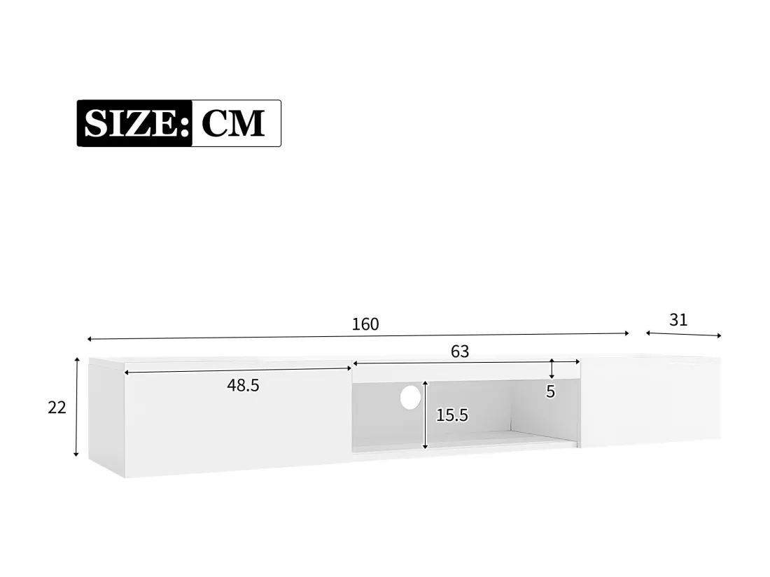 Meuble TV suspendu 160cm - 1 compartiment ouvert & 2 portes abattantes - aspect brillant - Blanc