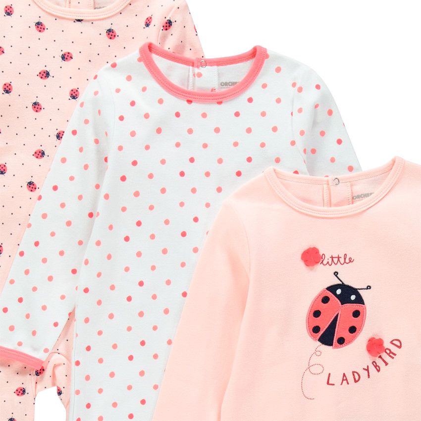 Lot de 3 Dors-bien en jersey interlock imprimés et broderie coccinelle - Rose