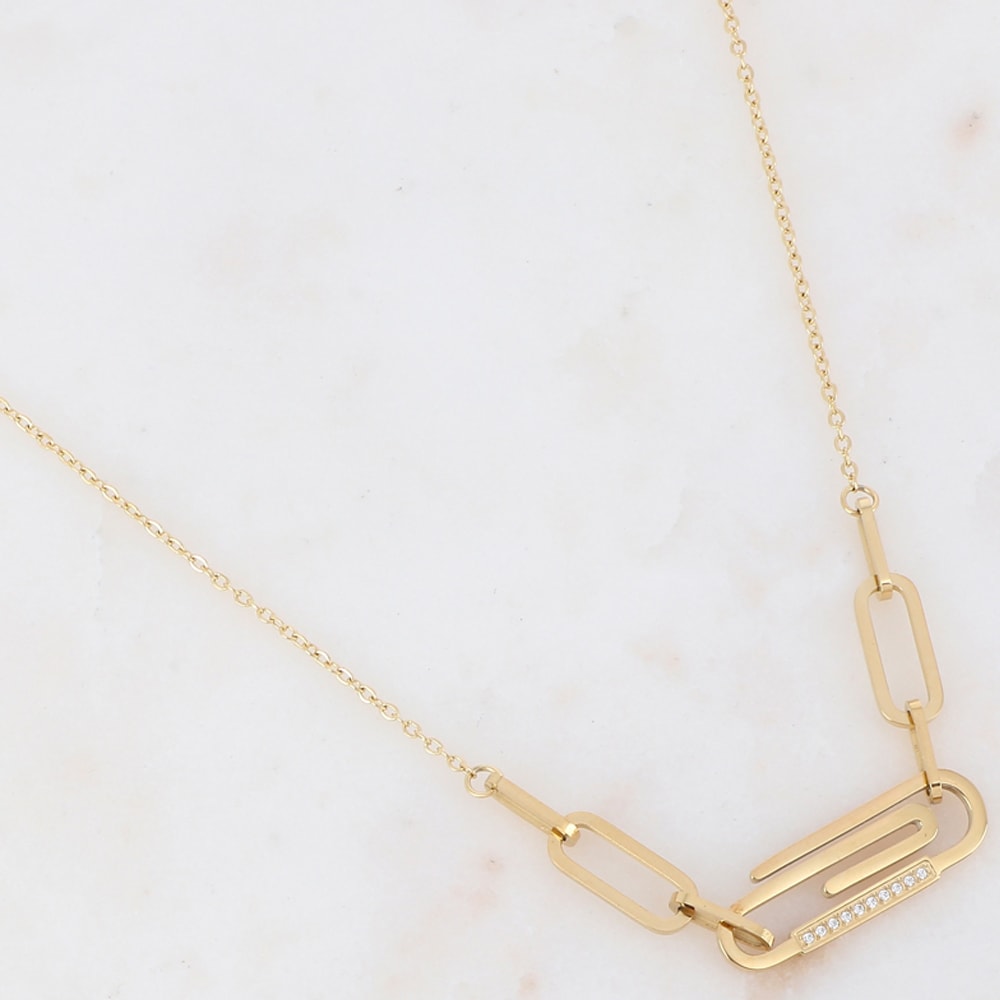 Collier - Acier inoxydable doré & zirconiums