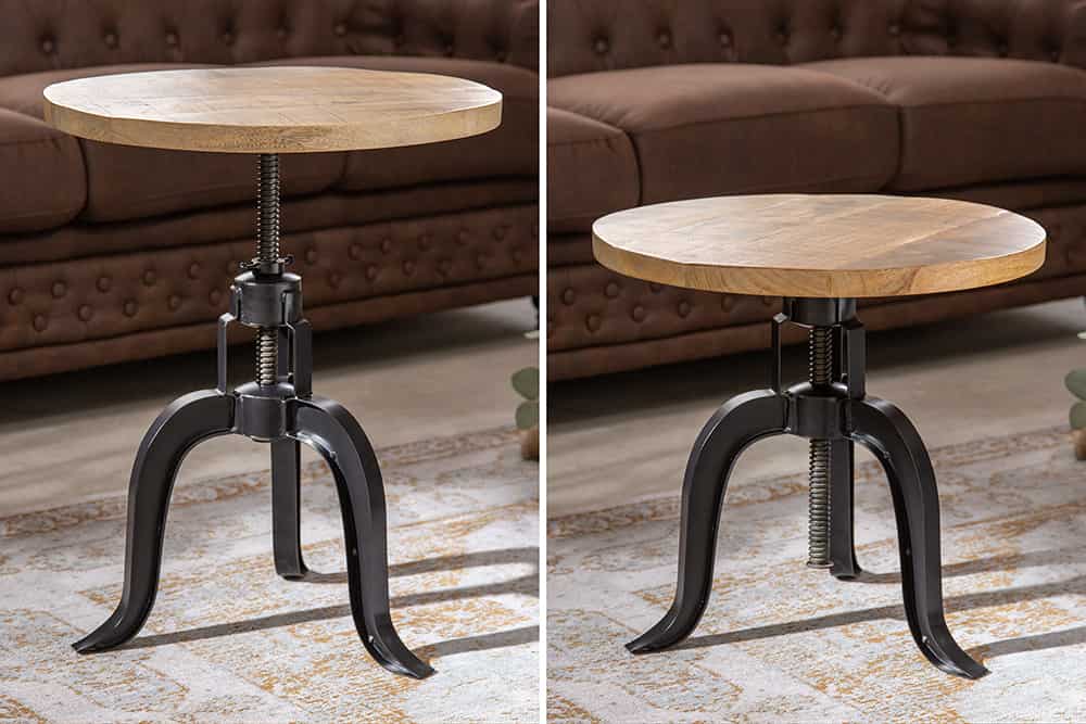 Höhenverstellbarer Beistelltisch ENGINEER 50cm Mangoholz Industrial Design massiv rund Eisen