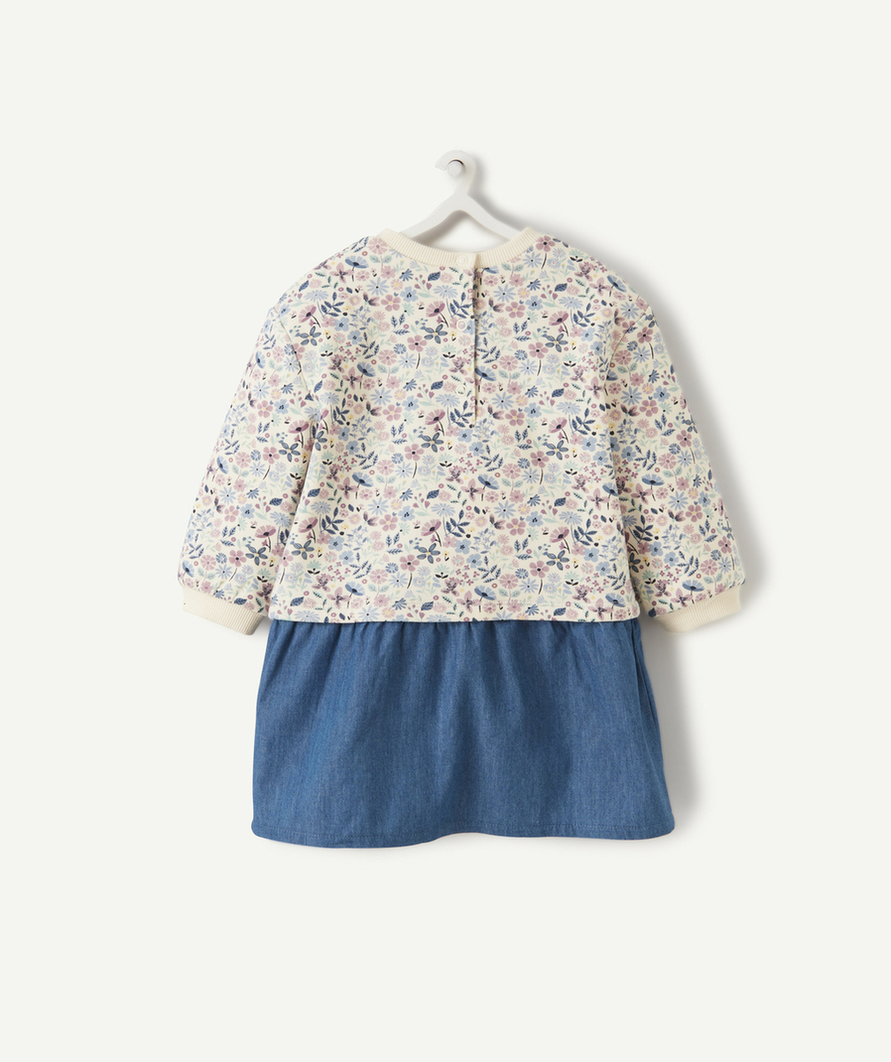 ROBE BÉBÉ FILLE EN BI-MATIÈRE DENIM ET IMPRIMÉE FLEURI