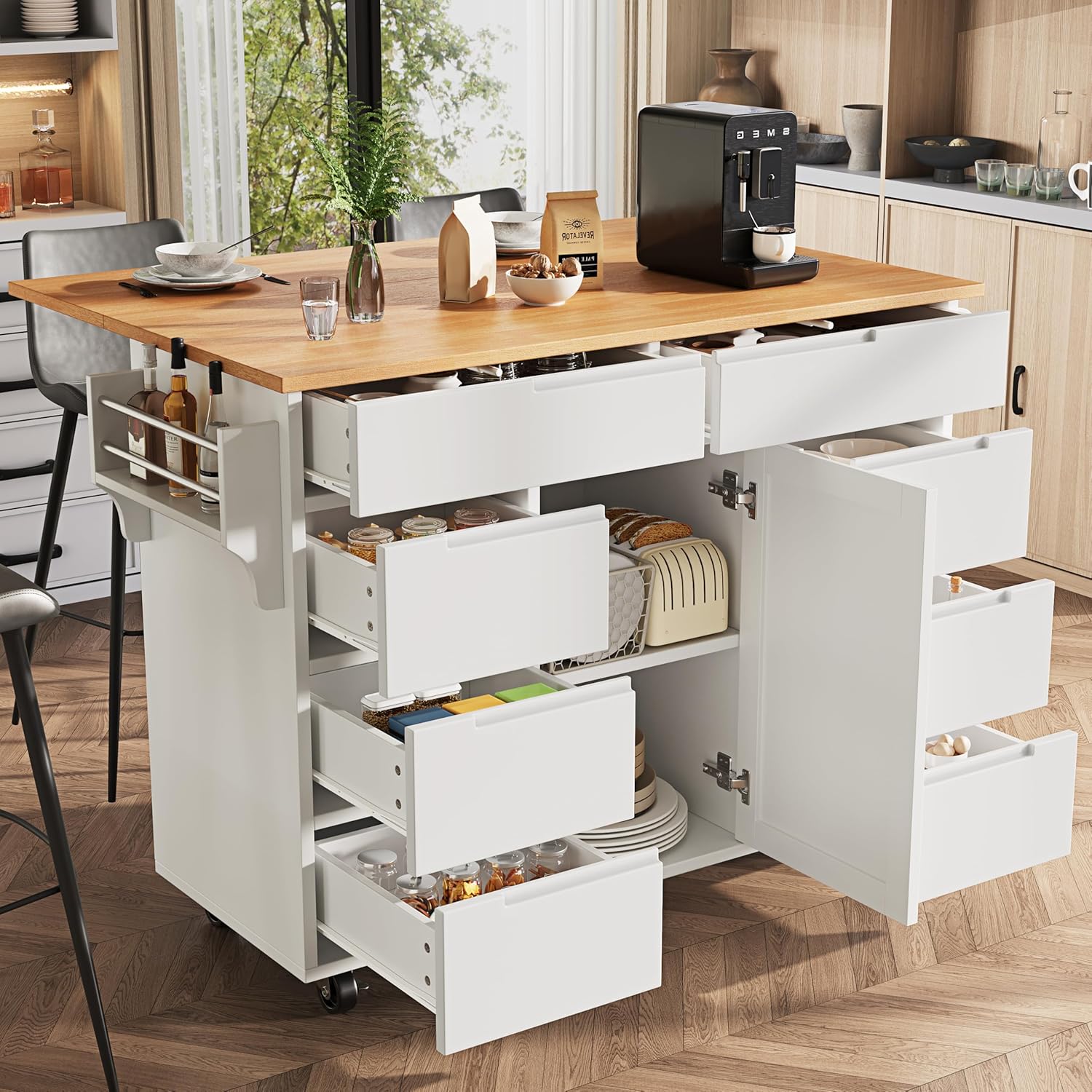 ZYLOYAL10 Moderne Kücheninsel, Küchenschrank, Ausziehbarer Küchenwagen mit Rollen und Arbeitsplatte, Servierwagen mit Gewürzregal und 8 Schubladen (Weiß)