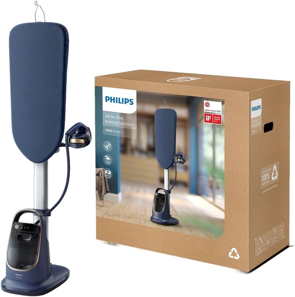 Philips All-in-One-Bügelkomplettlösung 8500-Serie - Mehrwinkliges Bügelbrett, kein Verbrennen, abnehmbare Basis, Dual Heating Technologie, tötet 99,9% der Bakterien und Staubmilben* (AIS8530/20)