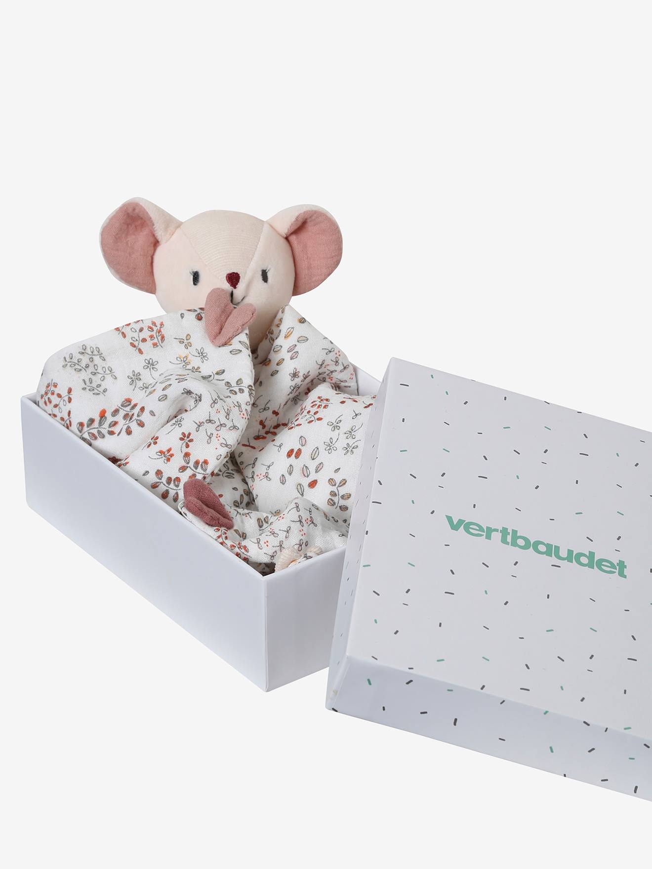 Doudou quadrado de gaze de algodão, liso, tamanho médio, branco, com estampas.