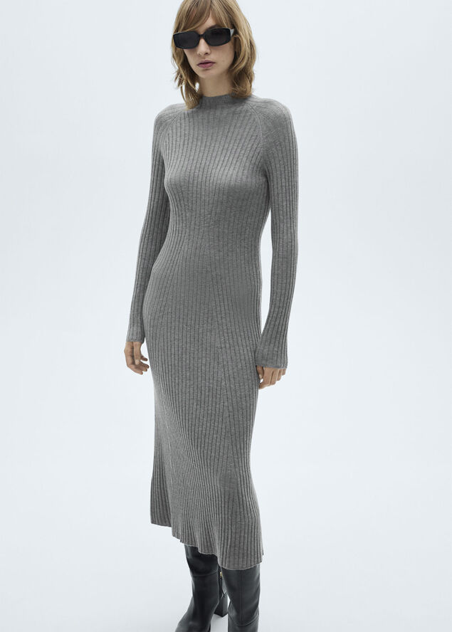 MANGO Flared knit dress with perkins coll Medium grey