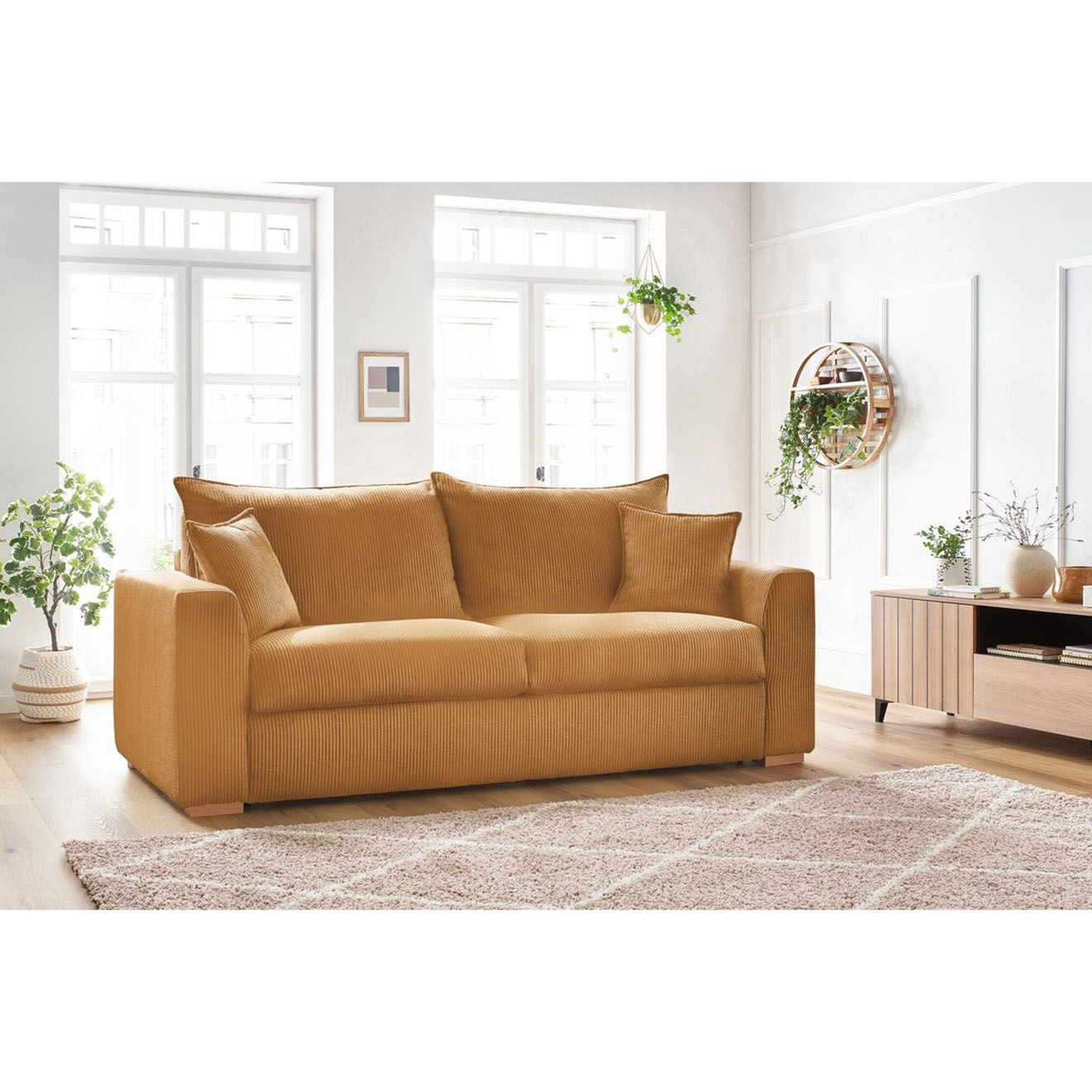 Bobochic Canapé droit convertible express en Velours côtelé 3 places Augustin jaune - 205x96x97 cm