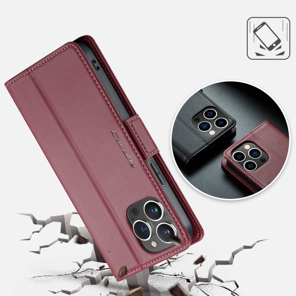 iPhone 16 Pro Max Leder Tasche Flip Wallet Etui mit Kartenfächern Litchi Look (RFID Schutz) - Dunkelrot