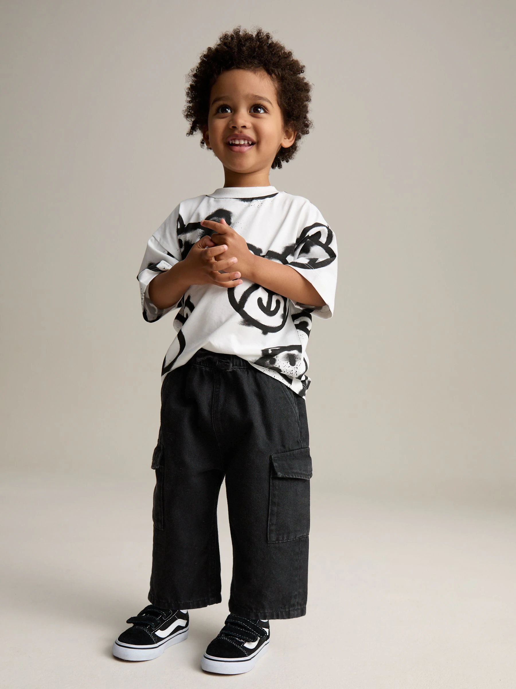 Zwart denim - 100% katoenen cargobroek met wijde pijpen en elastische taille (3mnd-7jr)