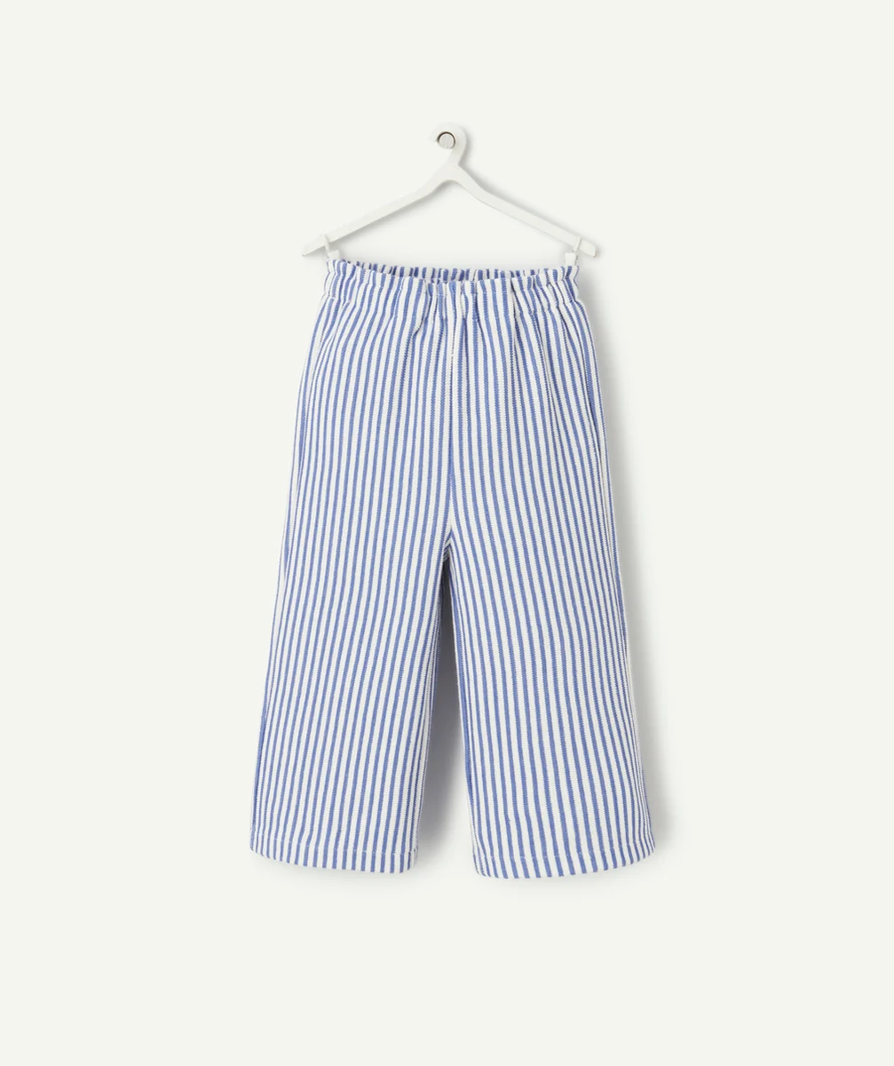 pantalon large bébé fille en fibres recyclées écru et tricot côtelé à rayures bleues