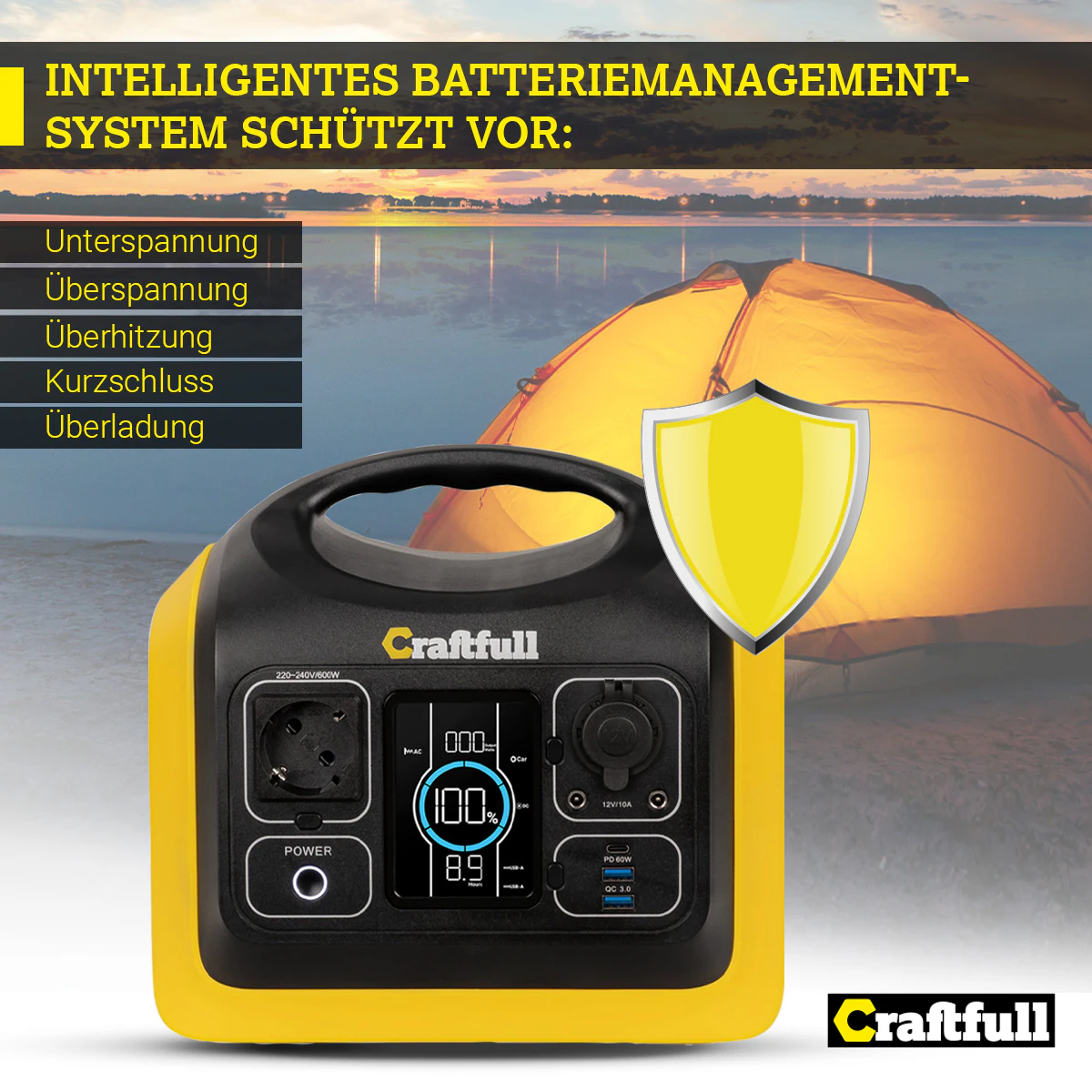 Craftfull Powerstation Adventure CP-600, 595 Wh, 600 Watt, tragbar, Lithium-Akku, Steckdose, USB (Schwarz/Gelb)