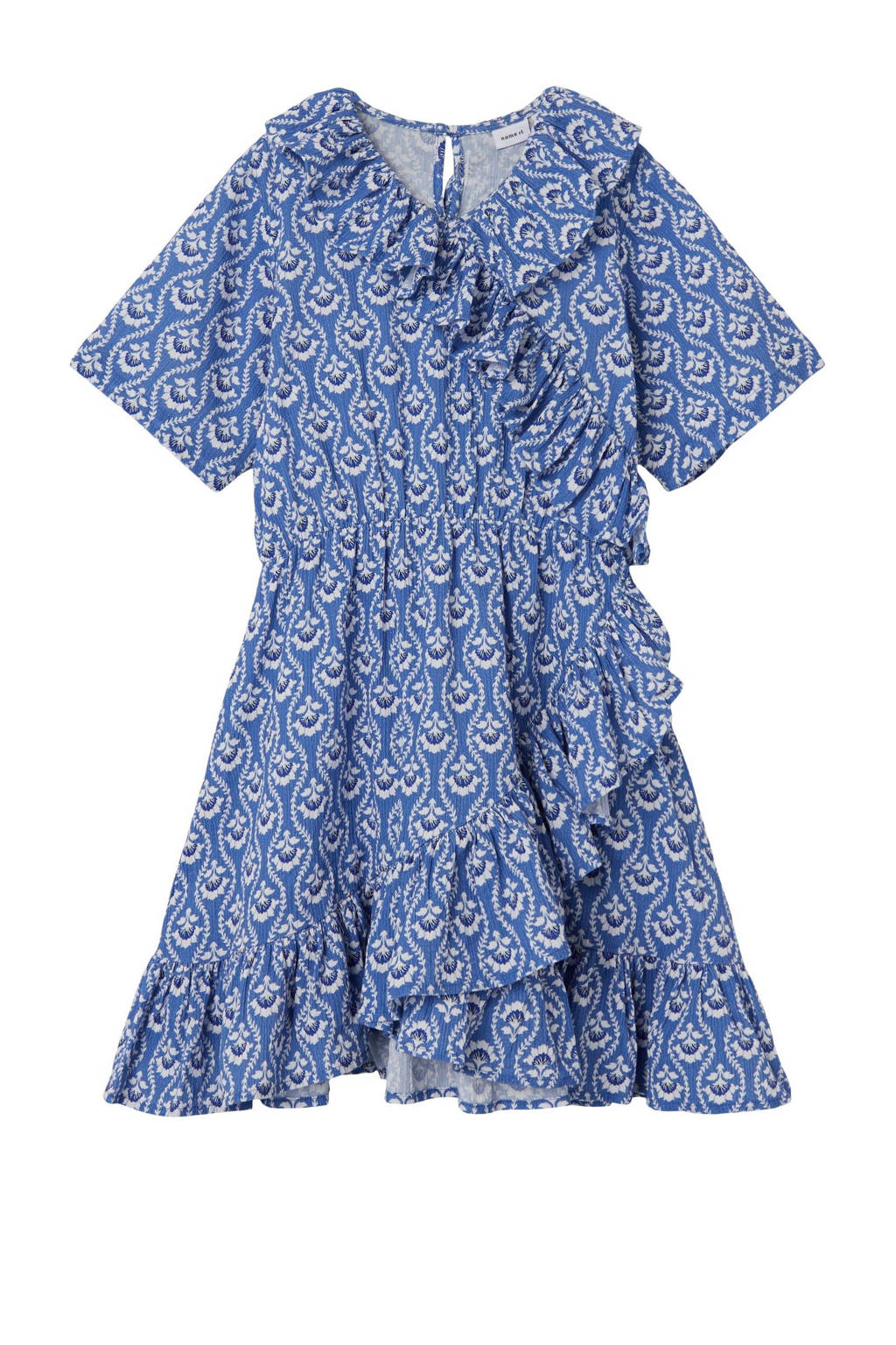 NAME IT jurk NKFFAMMINA met all over print en ruches blauw/wit