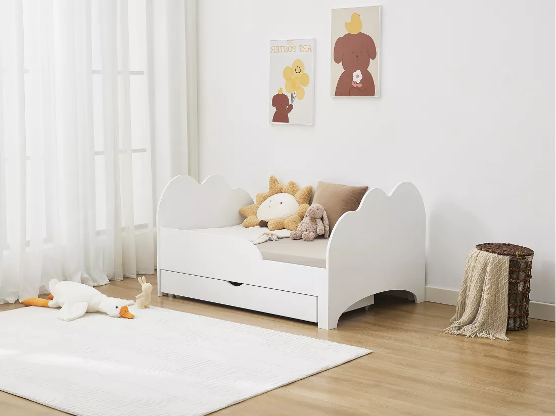 Lit évolutif 90 x 140/170/200 cm avec tiroir - Pin et MDF - Blanc + Matelas - TEONIA