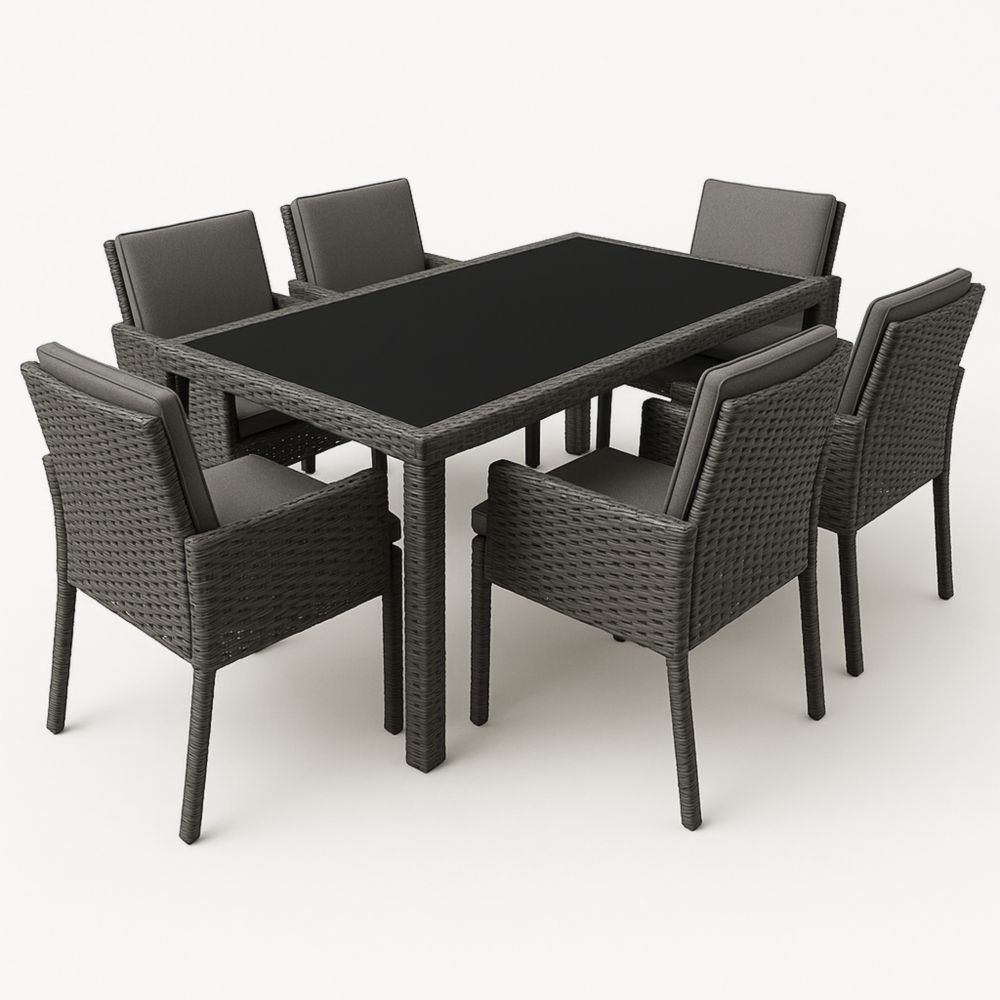 Essgruppe Rattan mit Glasplatte 6 Stühle Dunkelgrau