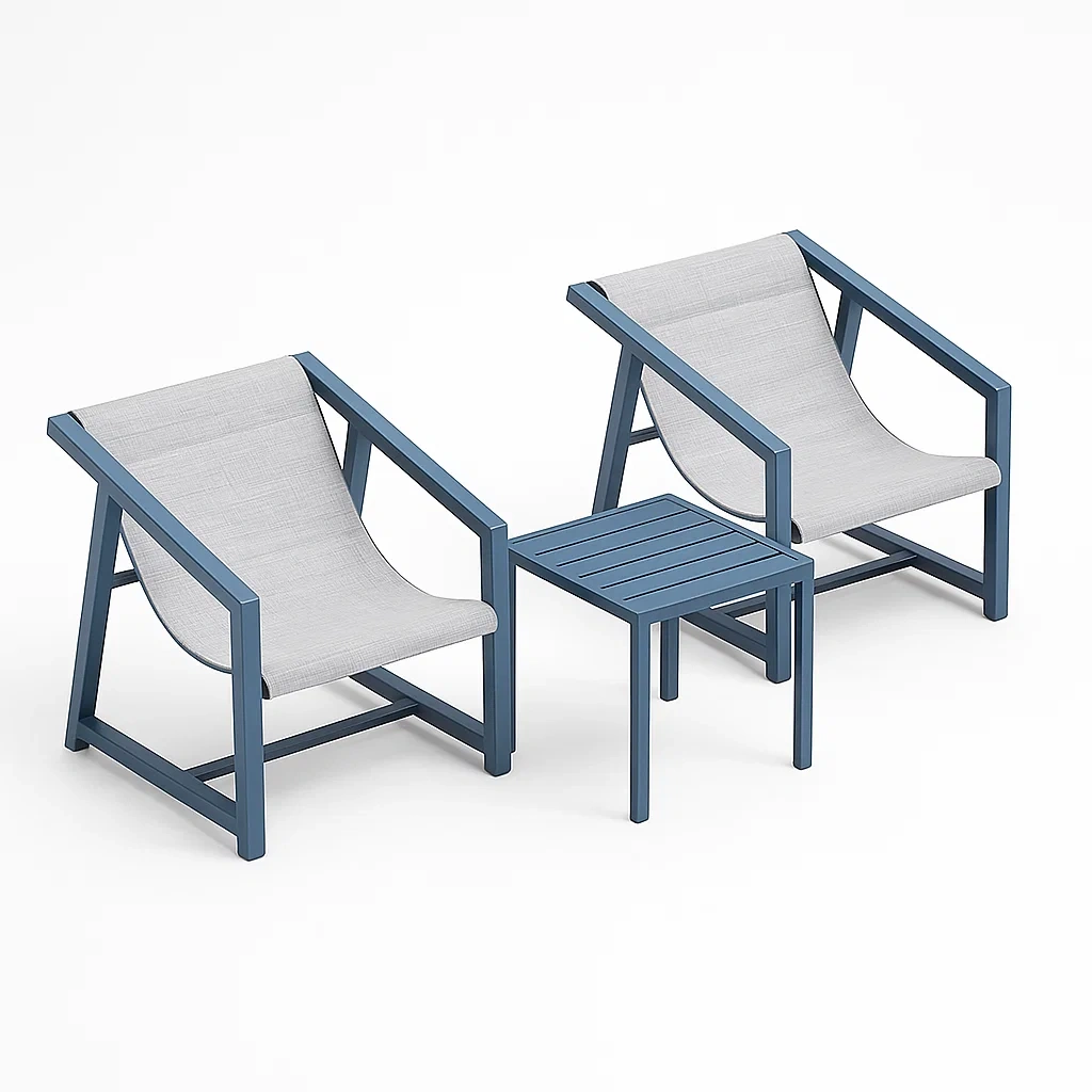 Ensemble de mobilier de jardin 3 pièces en aluminium et tissu bleu et gris