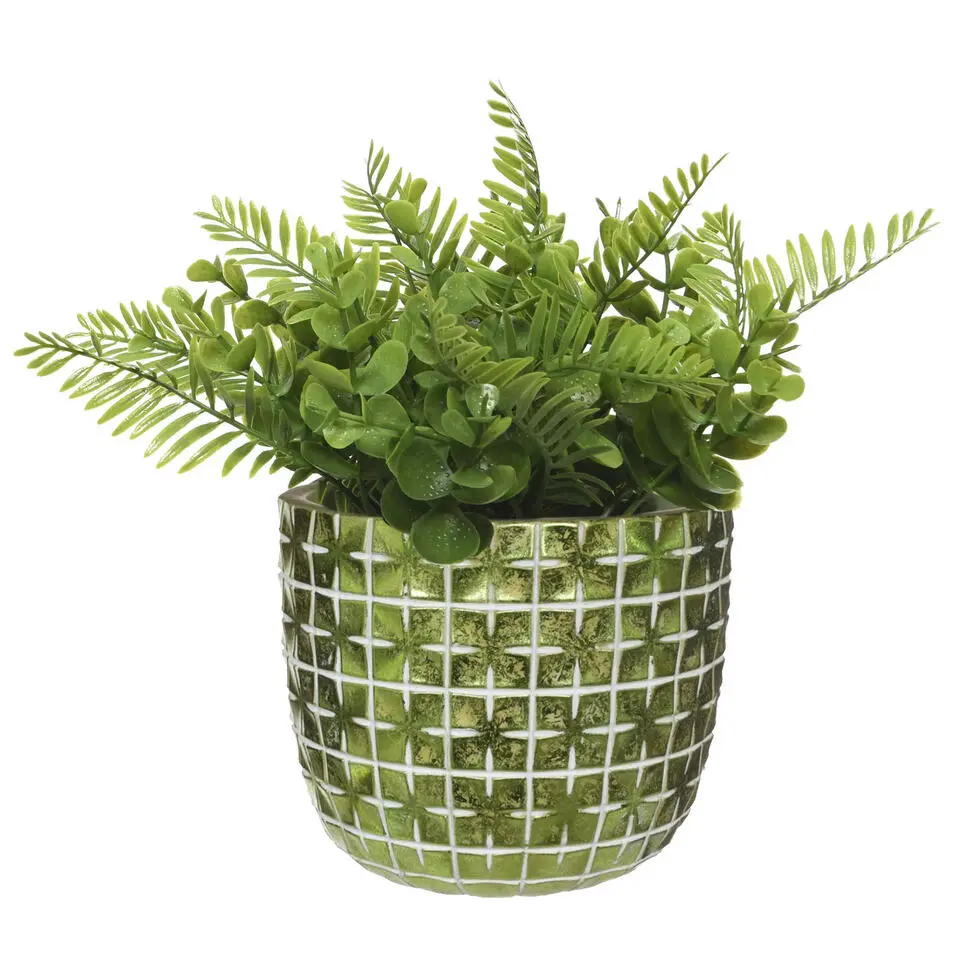 Ideas4seasons Bloempot - ruit motief - metallic groen - 10x8 cm