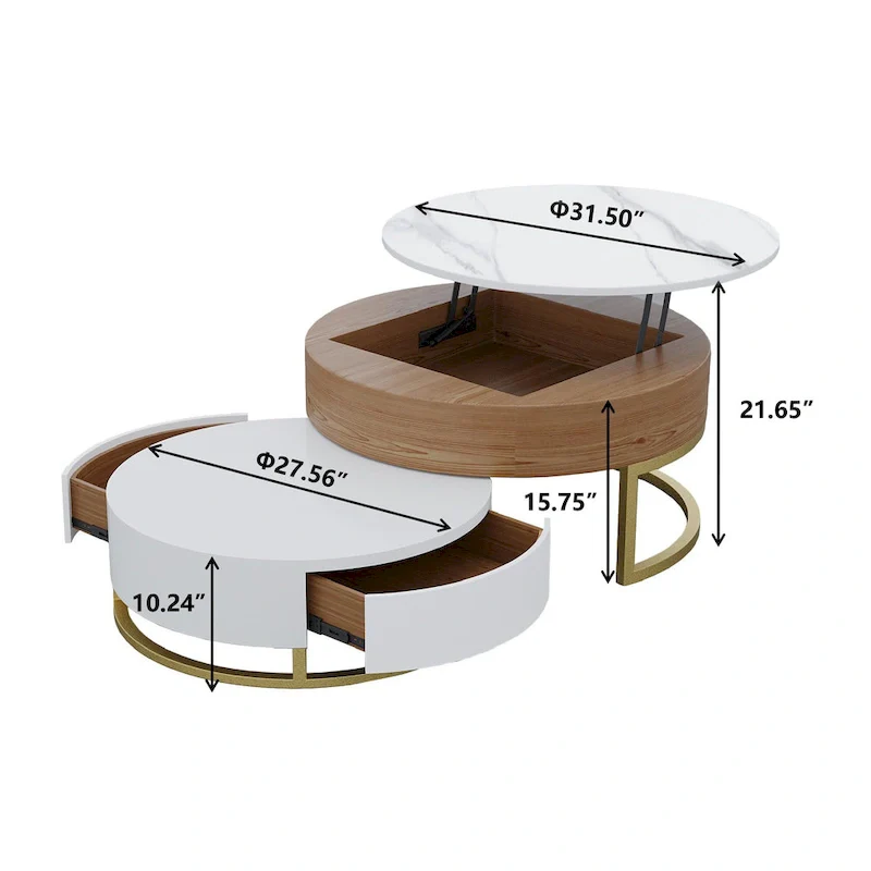 Round Coffee Table White with Storage Lift-Top Wood Coffee Table Lifts up with Rotatable Drawers White Natural