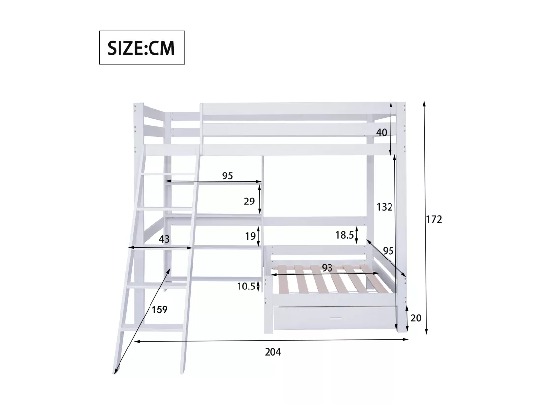 Lit mezzanine 90 x 200 cm avec étagères de rangement et canapé - bois massif + MDF - blanc