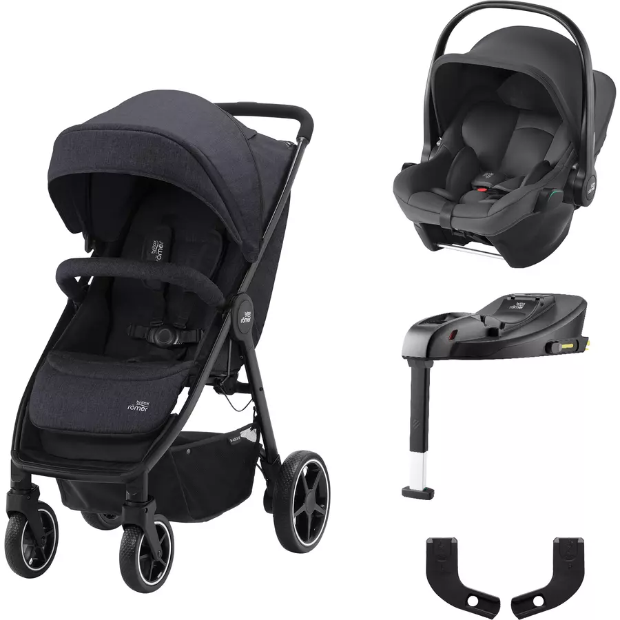 Britax Römer Buggy B-Agile M Black Shadow inklusive Babyschale Baby-Safe Core i-Size Midnight Grey plus Basisstation Core und Adapter