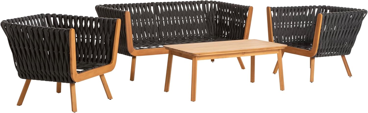 Dehner Garten-Lounge Granada, 4-teilige Outdoor Sitzgruppe, 1x Sofa / 2X Sessel, je inkl. Polster, 1x Tisch, Aluminium/FSC® zertifiziertes Teakholz/Polyester, braun/grau