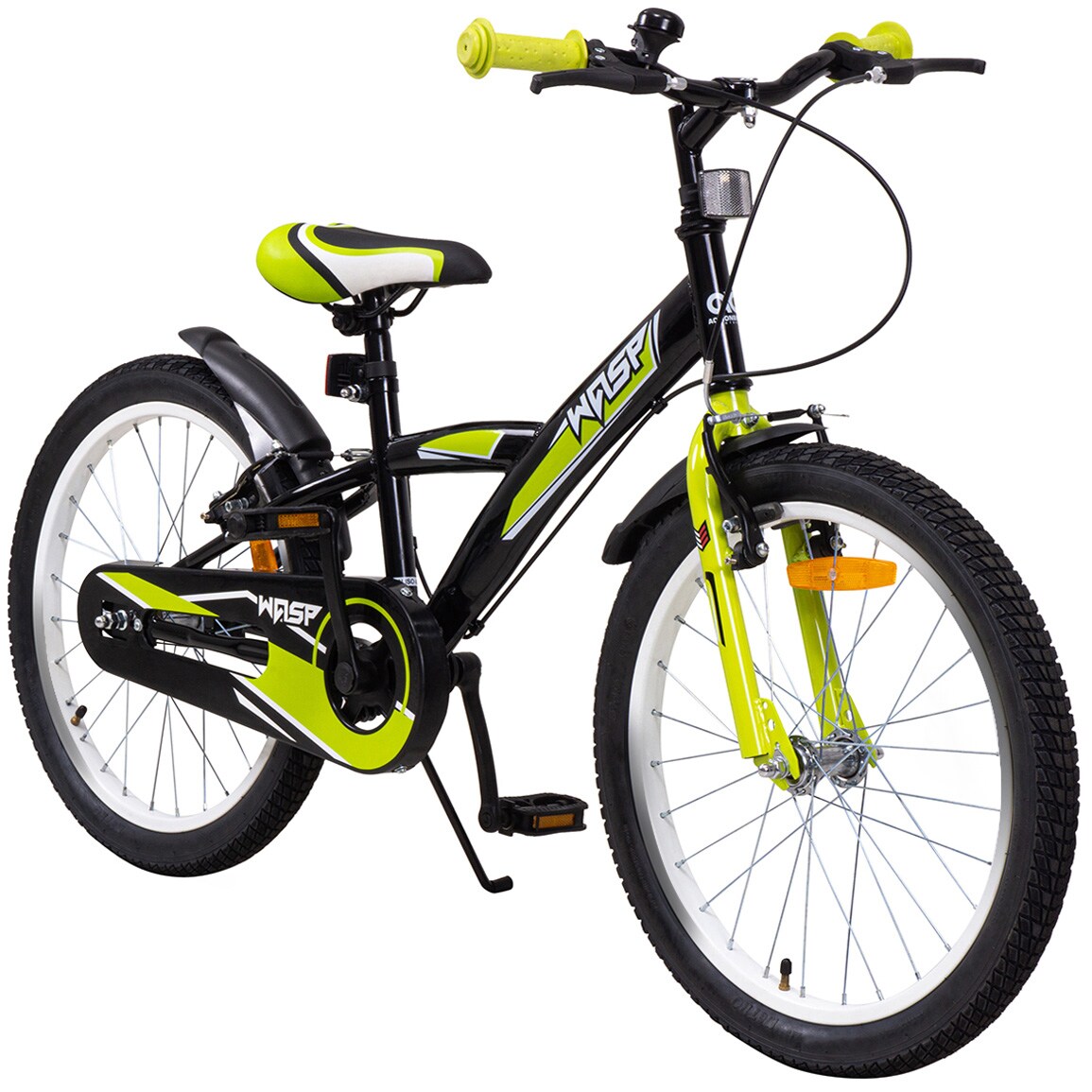 Actionbikes Kinderfahrrad Wasp 20 Zoll, Fahrradständer, Schutzbleche, verstellbar, V-Brake-Bremsen (Schwarz-Grün)