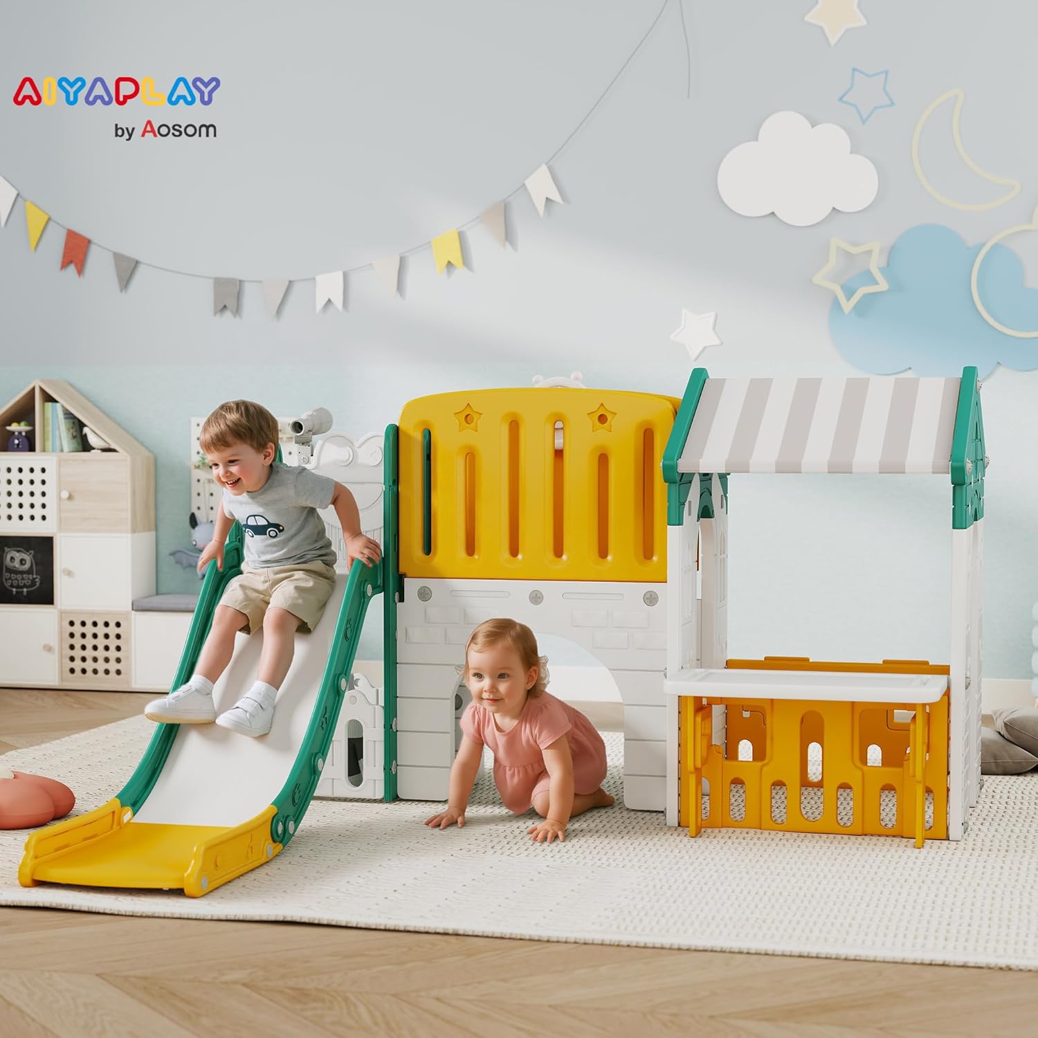 AIYAPLAY 7 in 1 Kinderrutsche mit Klettergerüst Kleinkindrutsche mit Basketballkorb, Tunnel, Teleskop, Stauraum, Spielhaus, Indoor und Outdoor Spielplatz für Kleinkinder 1-4 Jahre, Gelb+Grün