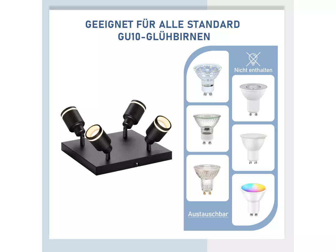 NETTLIFE Plafonnier LED 4 Spots de plafond : modèles carrés plafonnier noirs Spot mural orientable GU10 intérieur métal, sans ampoule