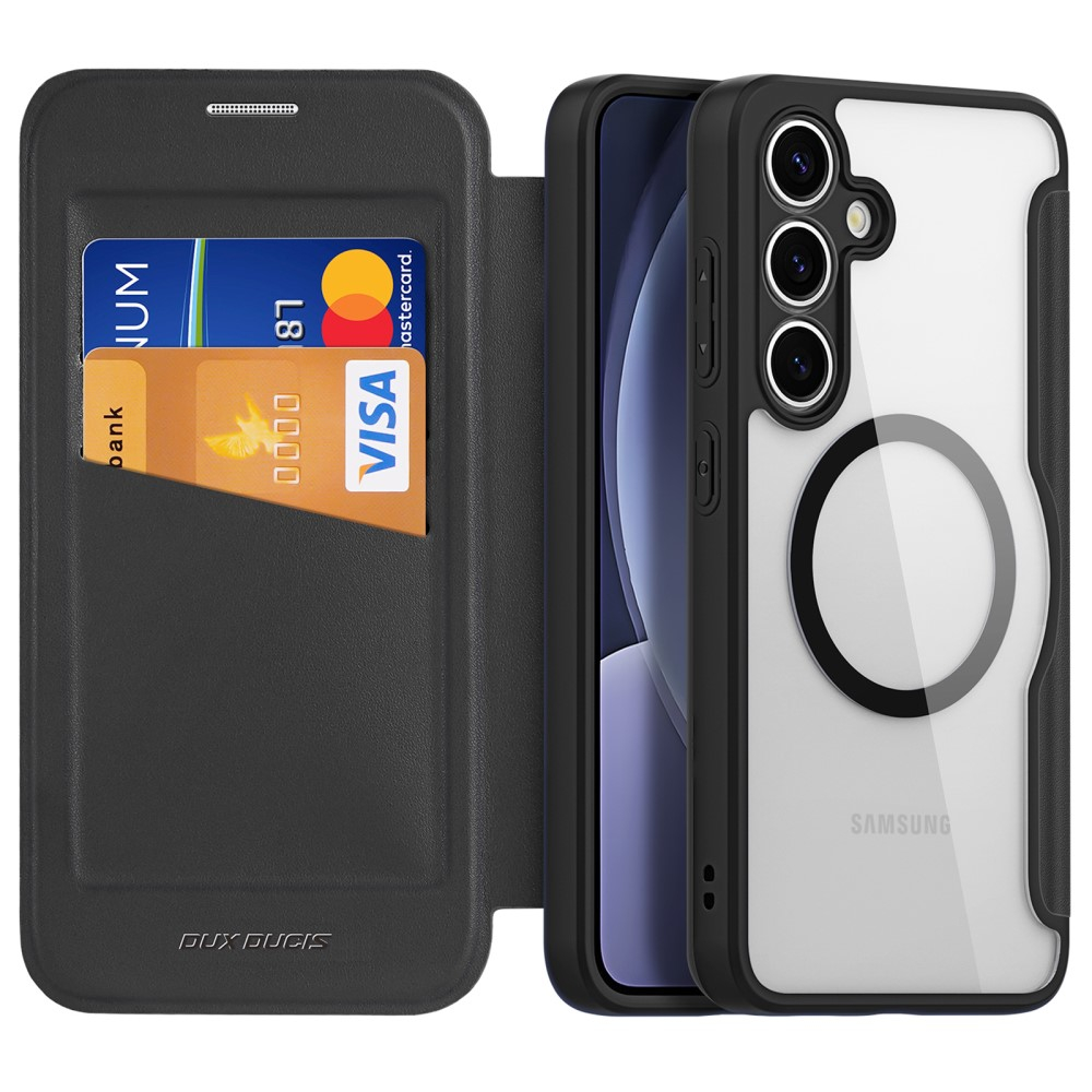 Samsung Galaxy S25 Hybrid Leder Tasche   Kunststoff Rückseite MagSafe-Modul - Schwarz / Transparent