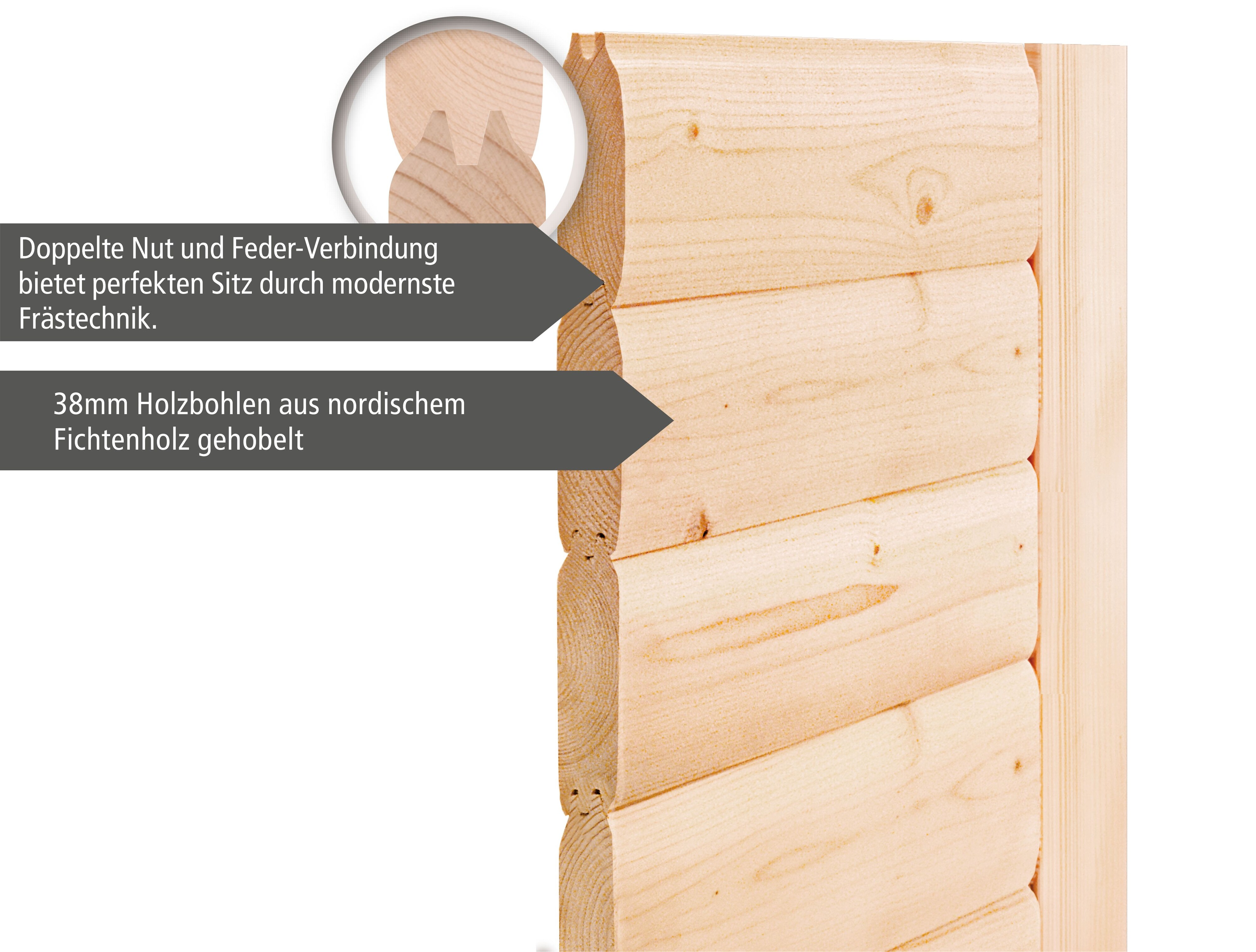 Karibu 38 mm Saunahaus Melo 2 naturbelassen mit Ofen 9 kW integrierte Strg