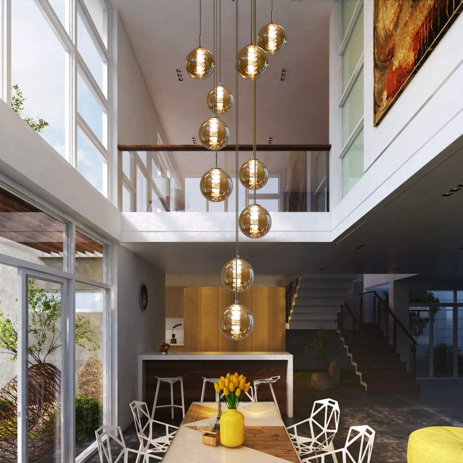 Pendelleuchte Wohnzimmer Pendellampe Modern - Treppenhaus Hängeleuchte 15 Flammig Hängelampe aus Glas 200CM Höheverstellbar Esstischlampe für Esszimmer Küche Esstisch Flur (Bernstein)