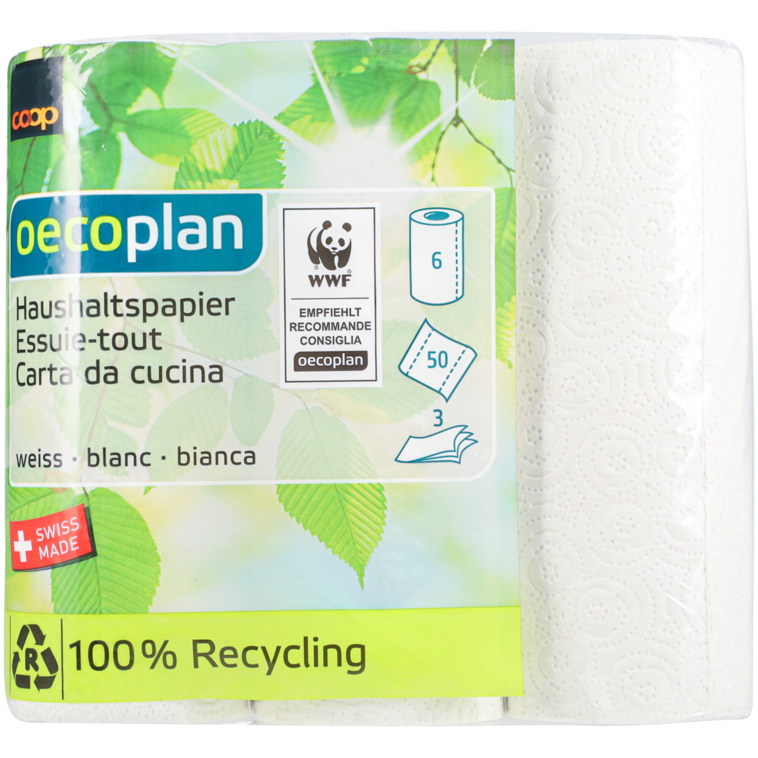 Oecoplan Haushaltpapier weiss, 6 Rollen 3-lagig