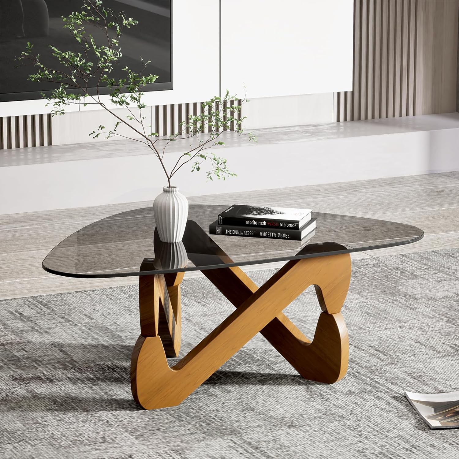 TWSOUL Dreieckiger Couchtisch aus Glas, Modern Wohnzimmertisch, Durchsichtig Couchtisch mit Holz Base, Ausgefallene Kaffeetisch für Wohnzimmer (Grauschwarz)