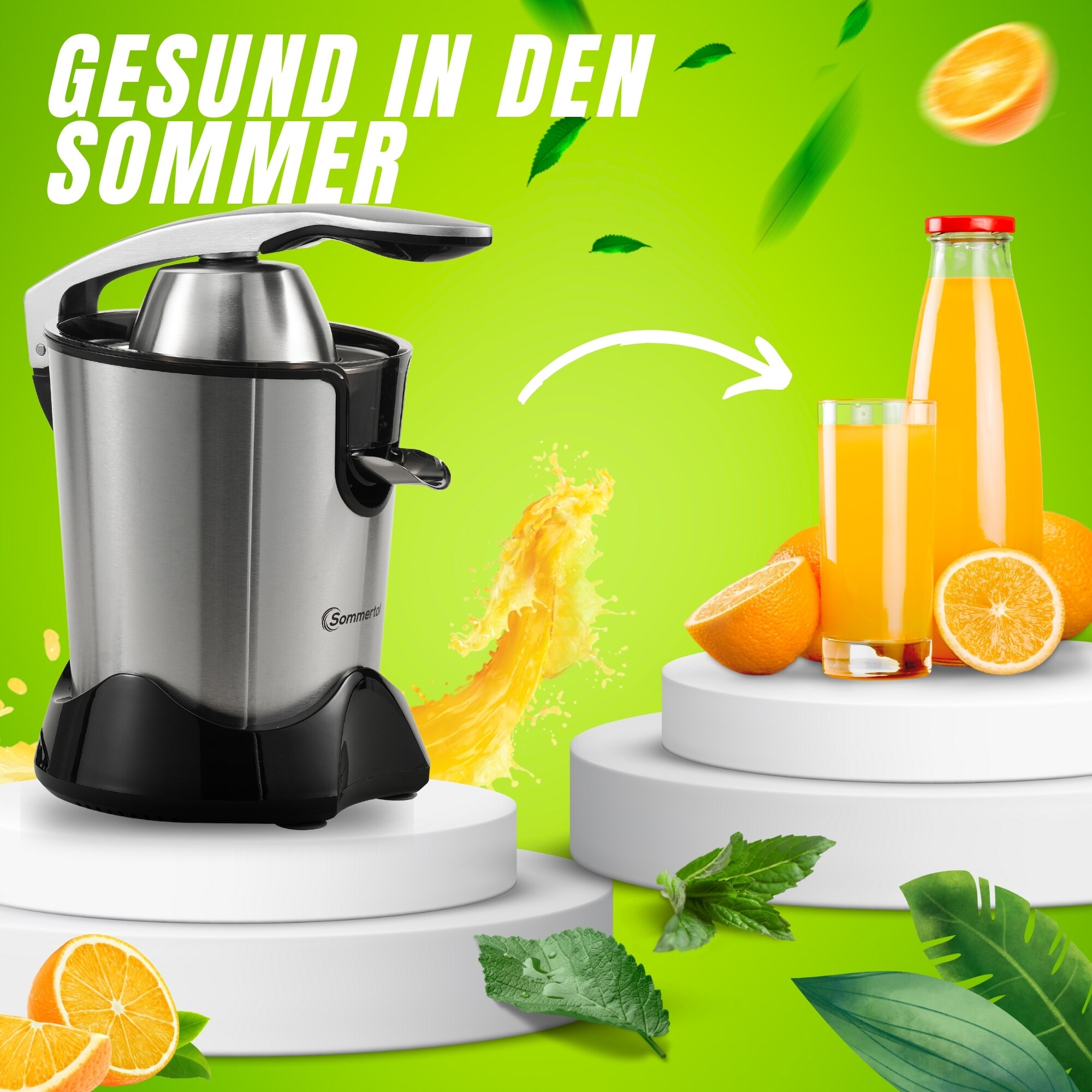 Sommertal Zitruspresse CP850 elektrische Saftpresse inkl. 2 Presskegel, manuelle Handpresse, Orangenpresse Zitronenpresse aus Edelstahl, Juicer Entsafter mit starkem 850W Motor