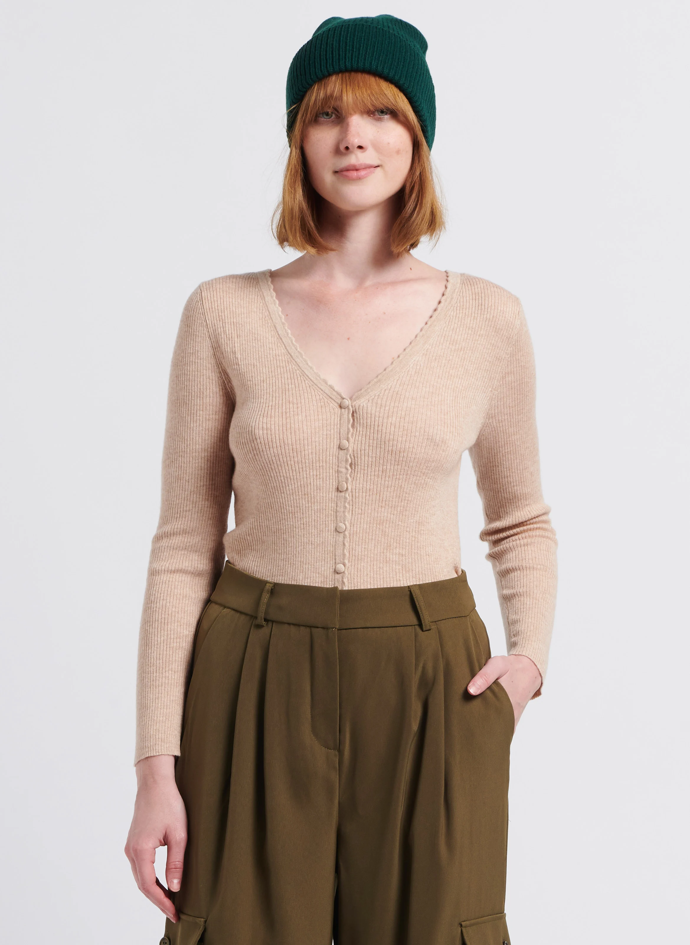 LAFAYETTE - Gilet col V en maille mélangée | Beige