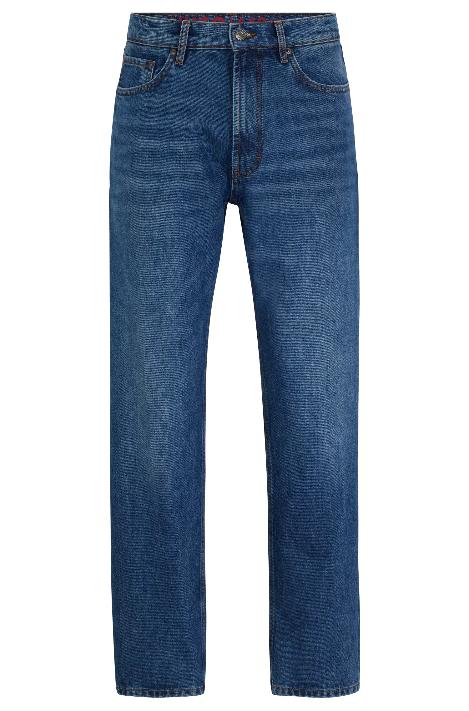 Calça jeans HUGO vermelha, corte regular, em denim rígido azul.