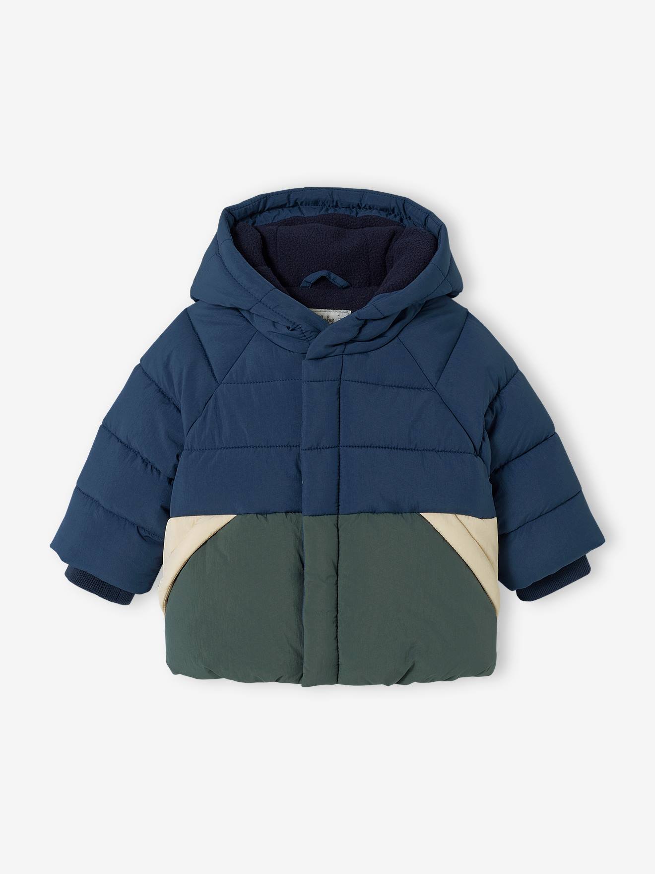 Jaqueta acolchoada colorblock com capuz para bebê, azul médio liso com estampas.