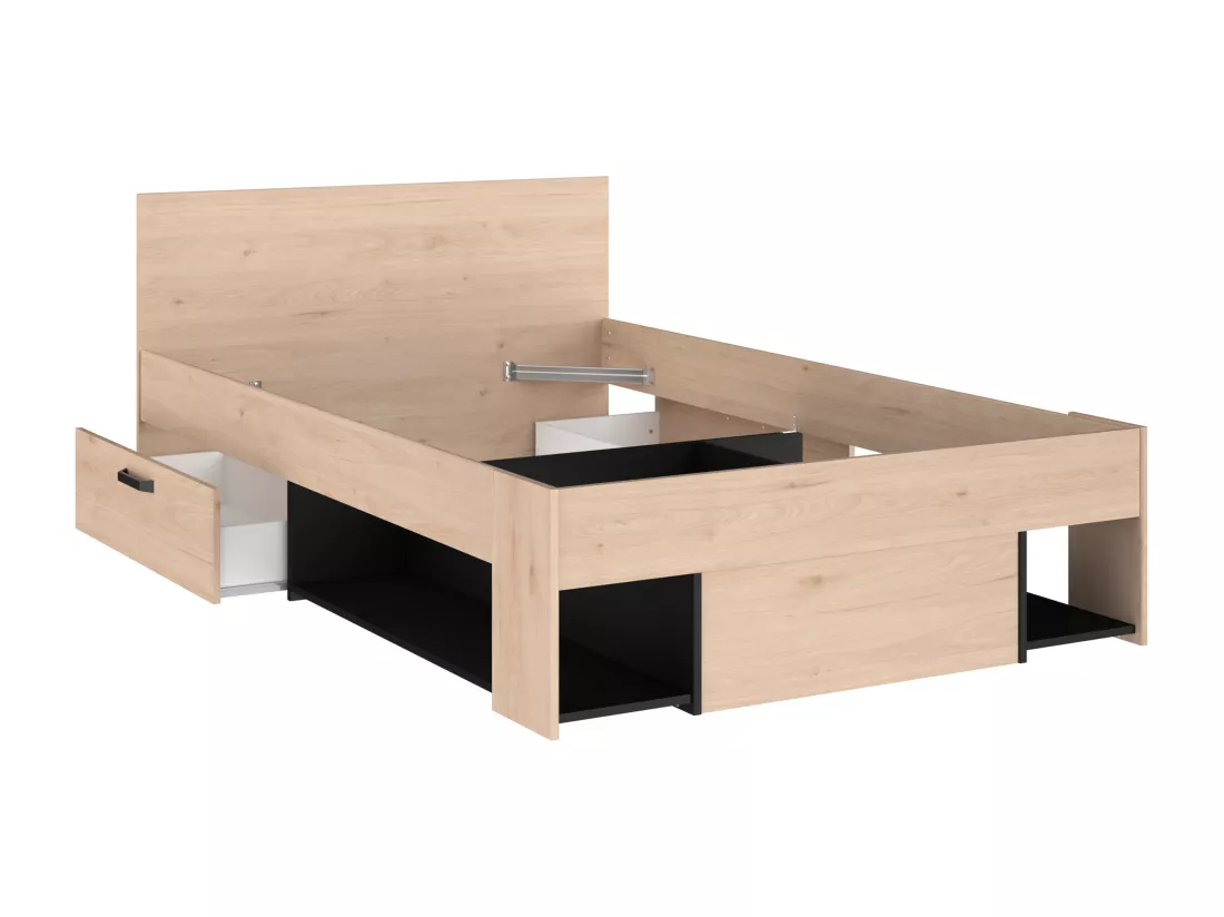 Lit 120 x 190/200 cm avec rangements - Coloris : Naturel et noir - KINSELIA
