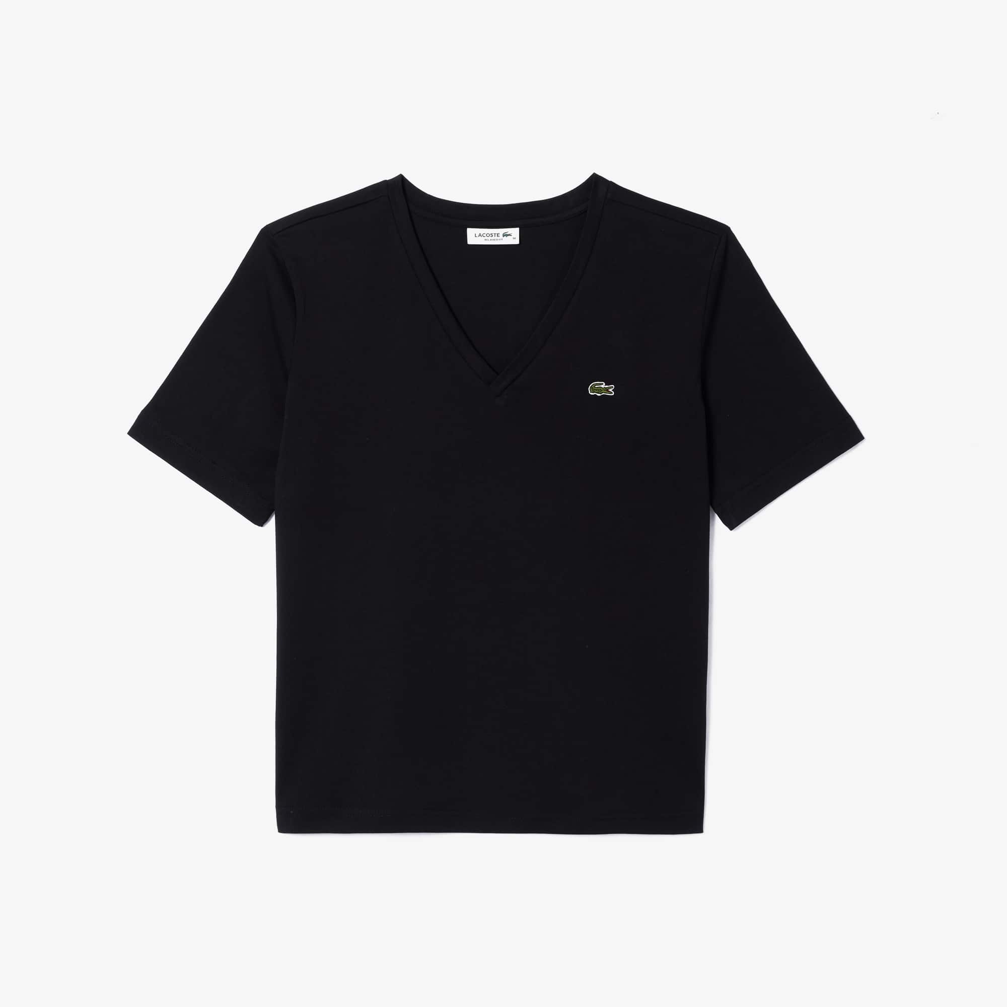T-shirt relaxed fit en jersey de coton doux col V T-Shirts - Noir - Lacoste - Femme