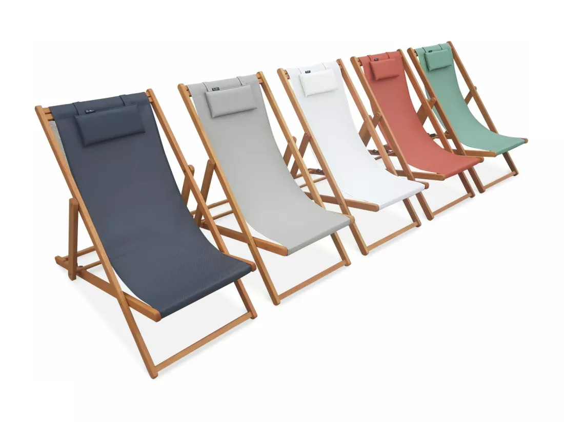 Chiliennes bois - Creus - 2 transats en bois d'Eucalyptus huilé avec coussin repose-tête blanc