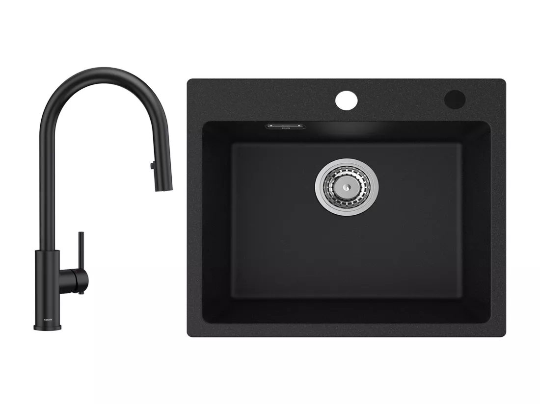 CECIPA MAX Evier Quartz Noir 50x45cm Evier 1 Bac en Quartz et Résine + Mitigeur de Cuisine Avec Douchette Extractible, 2 Modes de Sortie D'eau, Noir