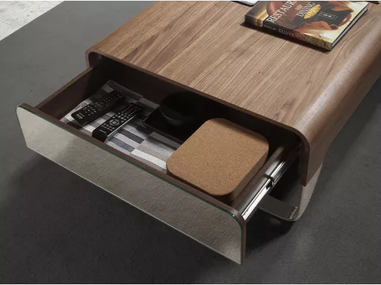 Table basse rectangulaire 2 tiroirs bois noyer et acier chromé Launa