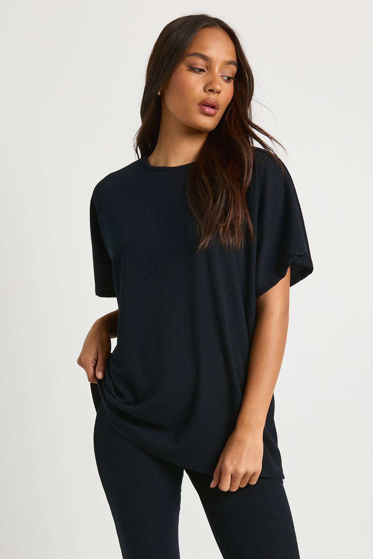 boohoo Legging côtelé bicolore évasé & top coordonné